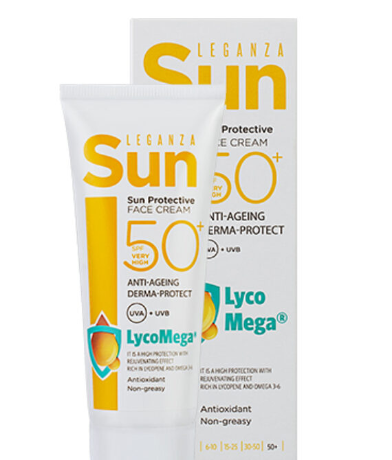 LEGANZA SUN Слънцезащитен крем за лице SPF 50+ 75 мл – Много висока защита с LycoMega®, подмладяващ и антиоксидантен ефект, без парабени