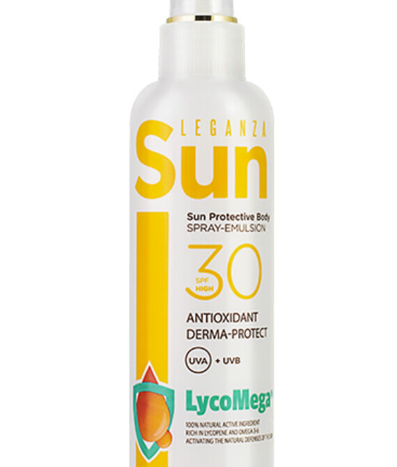 LEGANZA SUN Слънцезащитна спрей-емулсия за тяло SPF 30 – 200 мл | Лека текстура | Висока защита | Антиоксидантна грижа с LycoMega®