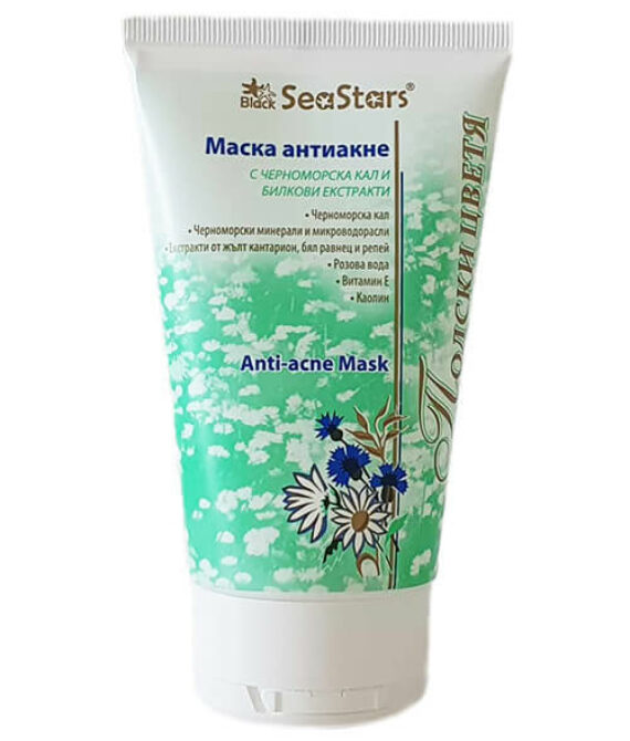 Почистваща маска против акне с полски цветя – Black Sea Stars | За чувствителна и проблемна кожа | Лечебна кал, луга и розова вода, 150 мл
