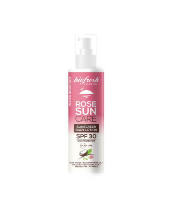 Biofresh ROSE SUN CARE Слънцезащитен лосион за тяло SPF 30 – с българско розово масло, какаово и кокосово масло, 200 мл