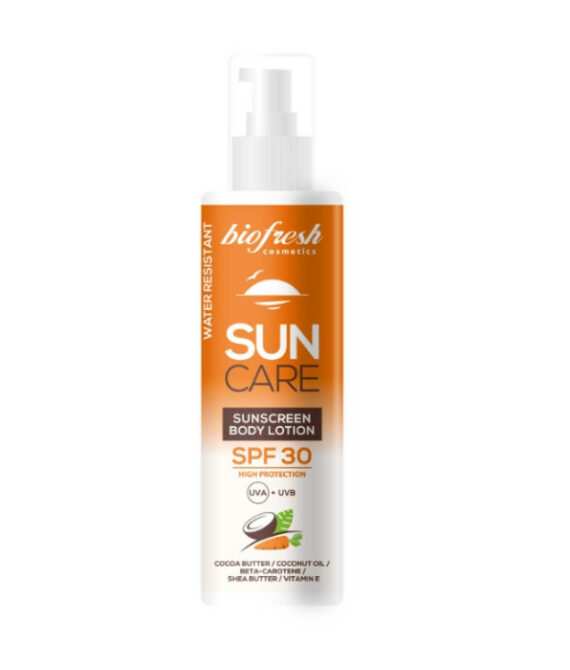 Biofresh Слънцезащитен лосион за тяло SPF 30 – Натурална защита с кокос и какаово масло | 200 мл | Водоустойчив | За UVA/UVB защита