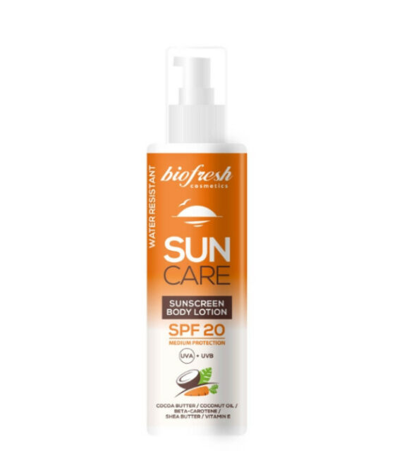 Слънцезащитен лосион за тяло Biofresh SUN CARE SPF 20 – хидратираща защита с кокосово масло, какаово масло и витамин E – 200 мл