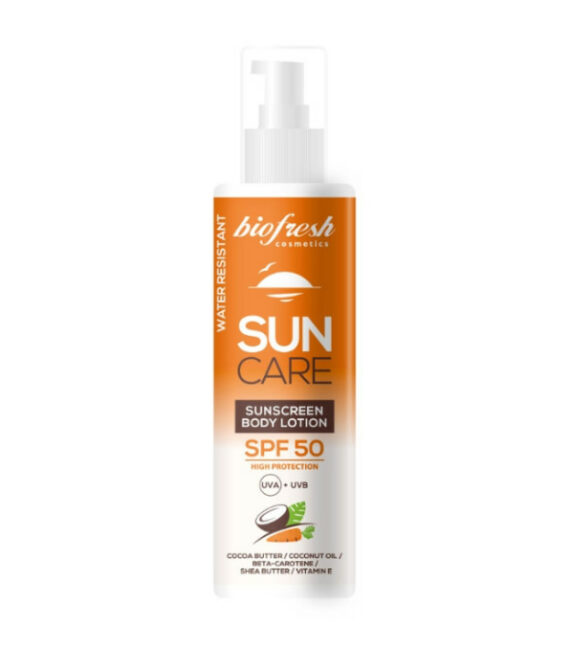 Слънцезащитен лосион за тяло Biofresh SUN CARE SPF 50 – мощна UVA/UVB защита, с кокосово и какаово масло, витамин E – 200 мл