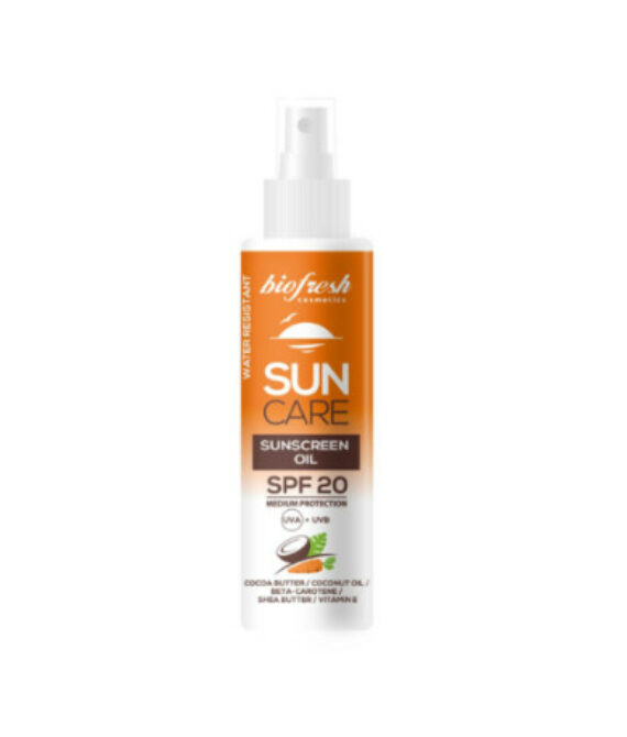 Слънцепредпазно олио за лице и тяло Biofresh SUN CARE SPF 20 – хидратираща слънцезащита с какаово, кокосово и ший масло, бета-каротен и витамин E – 150 мл