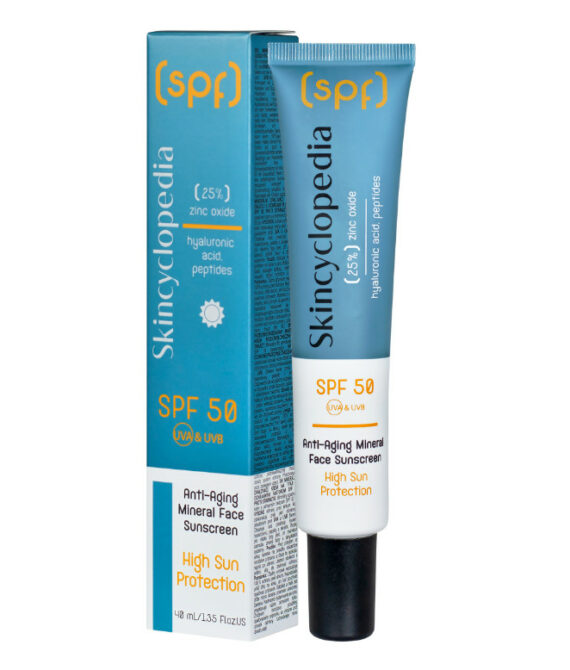 Skincyclopedia SPF 50 – Антиейдж минерален слънцезащитен крем за лице с цинков оксид, хиалуронова киселина, пептиди и сквалан – 40 мл