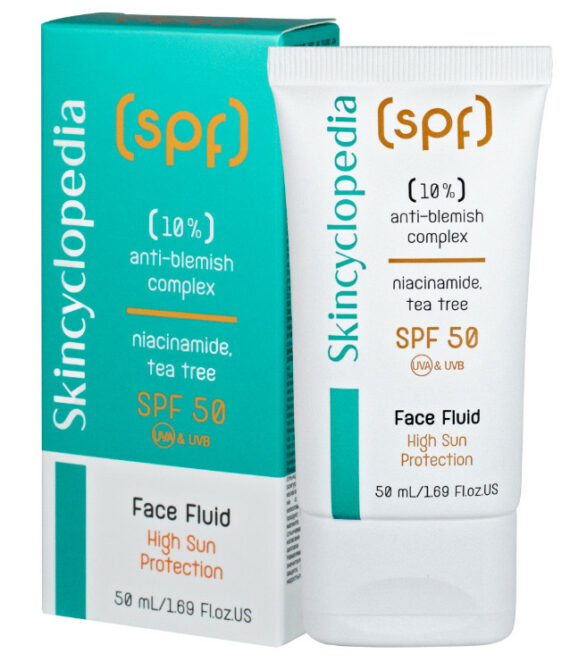 Skincyclopedia SPF 50 – Слънцезащитен флуид за лице с 10% комплекс против несъвършенства: ниацинамид, чаено дърво и матиращи съставки – За мазна и проблемна кожа | 50 мл