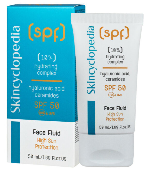 Skincyclopedia SPF 50 – Хидратиращ слънцезащитен флуид за лице с 10% комплекс с хиалуронова киселина, серамиди, полиглутаминова киселина, витамин B5, центела и глицерин – 50 мл
