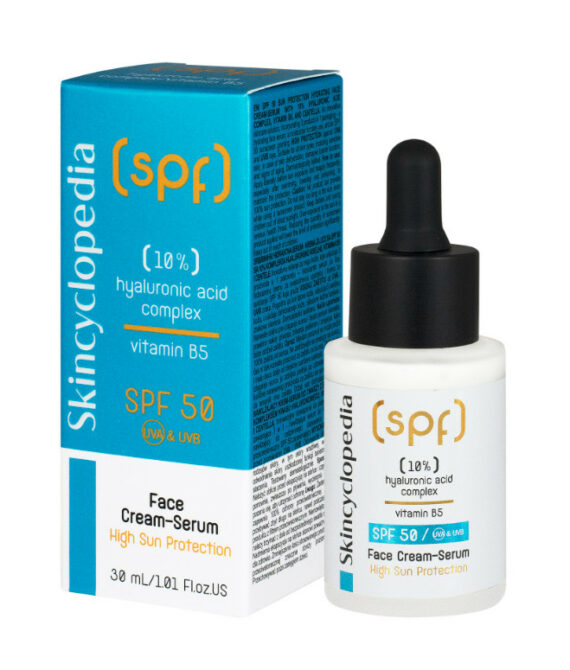 Skincyclopedia SPF 50 – Хидратиращ слънцезащитен крем-серум за лице с 10% хиалуронов комплекс, витамин В5 и Центела – 30 мл